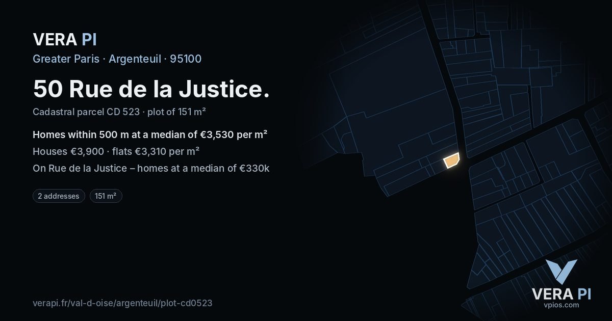 50 Rue de la Justice, Argenteuil at night – the plot lit, the parcels around coloured by the prices near them