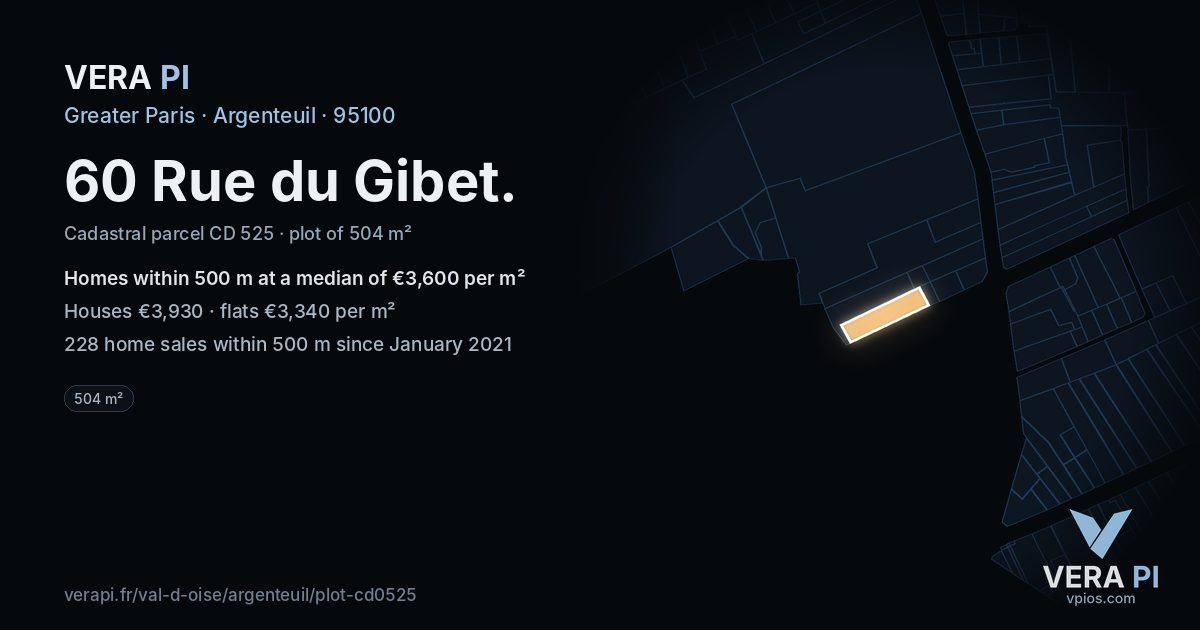 60 Rue du Gibet, Argenteuil at night – the plot lit, the parcels around coloured by the prices near them