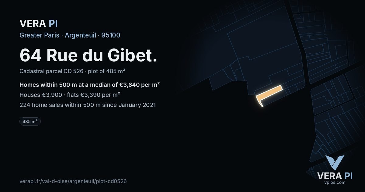 64 Rue du Gibet, Argenteuil at night – the plot lit, the parcels around coloured by the prices near them