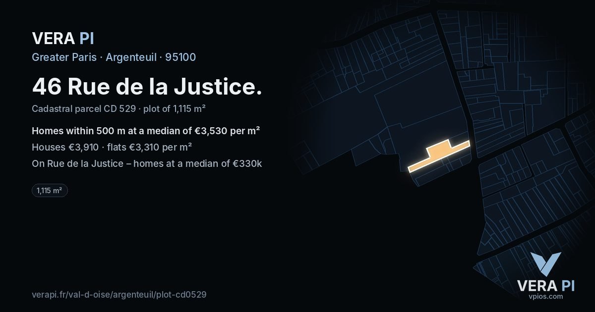 46 Rue de la Justice, Argenteuil at night – the plot lit, the parcels around coloured by the prices near them