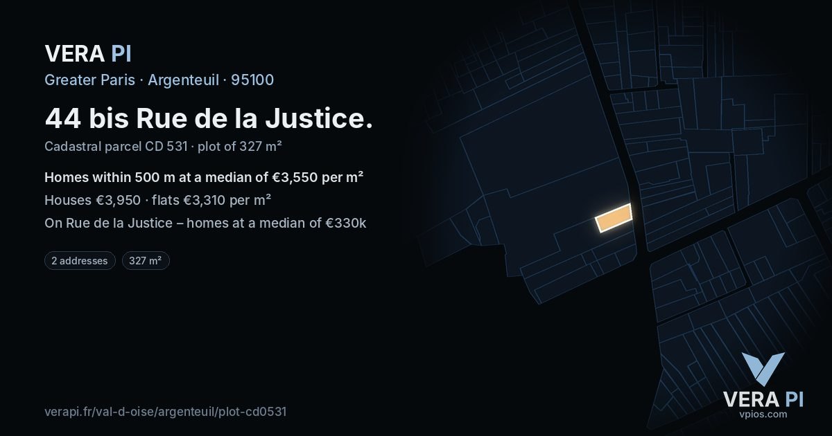44 bis Rue de la Justice, Argenteuil at night – the plot lit, the parcels around coloured by the prices near them