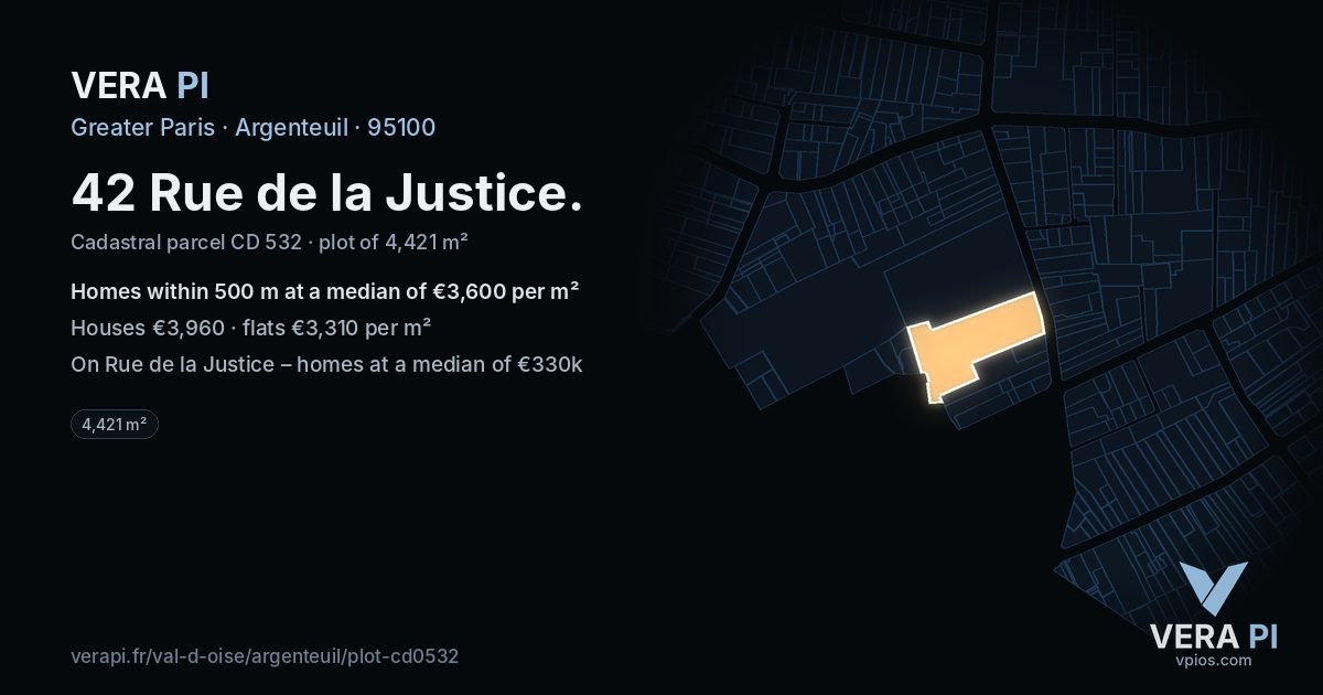 42 Rue de la Justice, Argenteuil at night – the plot lit, the parcels around coloured by the prices near them