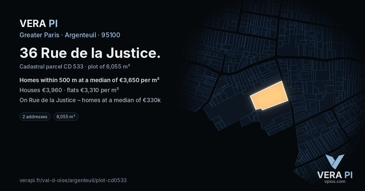 36 Rue de la Justice, Argenteuil at night – the plot lit, the parcels around coloured by the prices near them