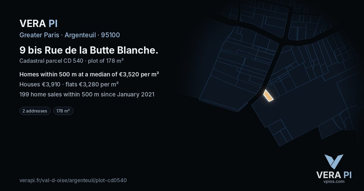 9 bis Rue de la Butte Blanche, Argenteuil at night – the plot lit, the parcels around coloured by the prices near them