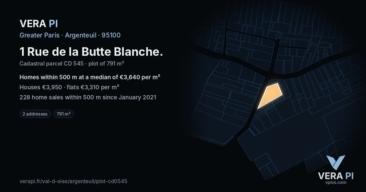 1 Rue de la Butte Blanche, Argenteuil at night – the plot lit, the parcels around coloured by the prices near them
