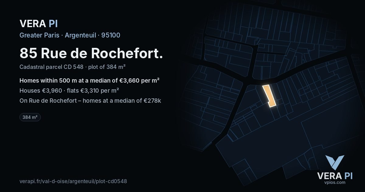 85 Rue de Rochefort, Argenteuil at night – the plot lit, the parcels around coloured by the prices near them