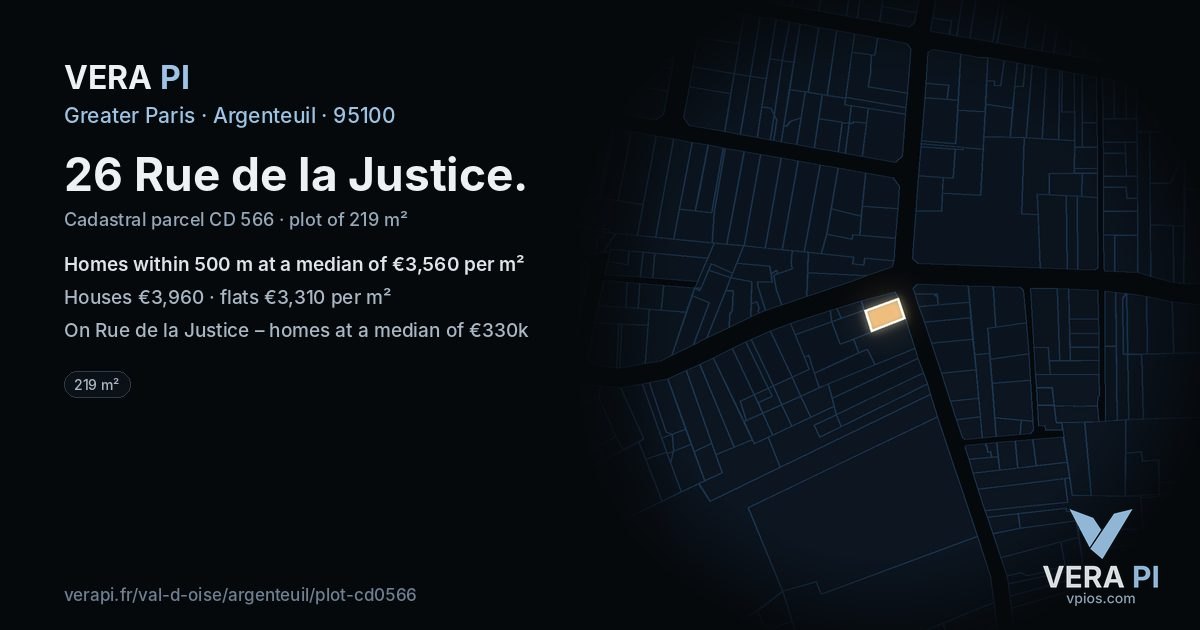 26 Rue de la Justice, Argenteuil at night – the plot lit, the parcels around coloured by the prices near them