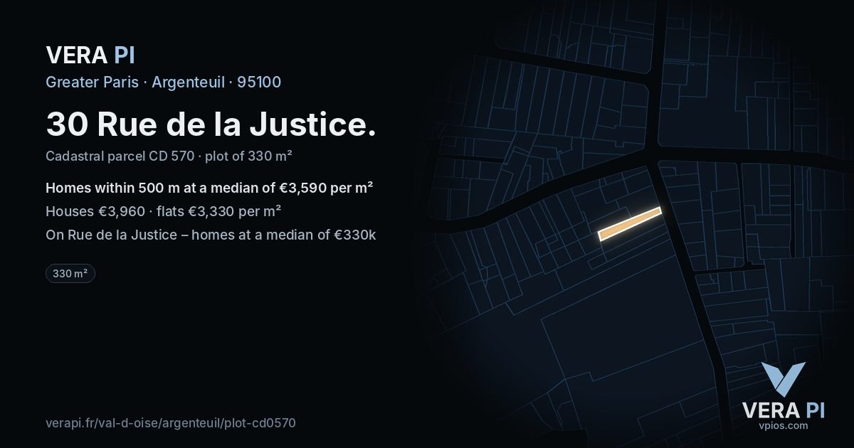 30 Rue de la Justice, Argenteuil at night – the plot lit, the parcels around coloured by the prices near them