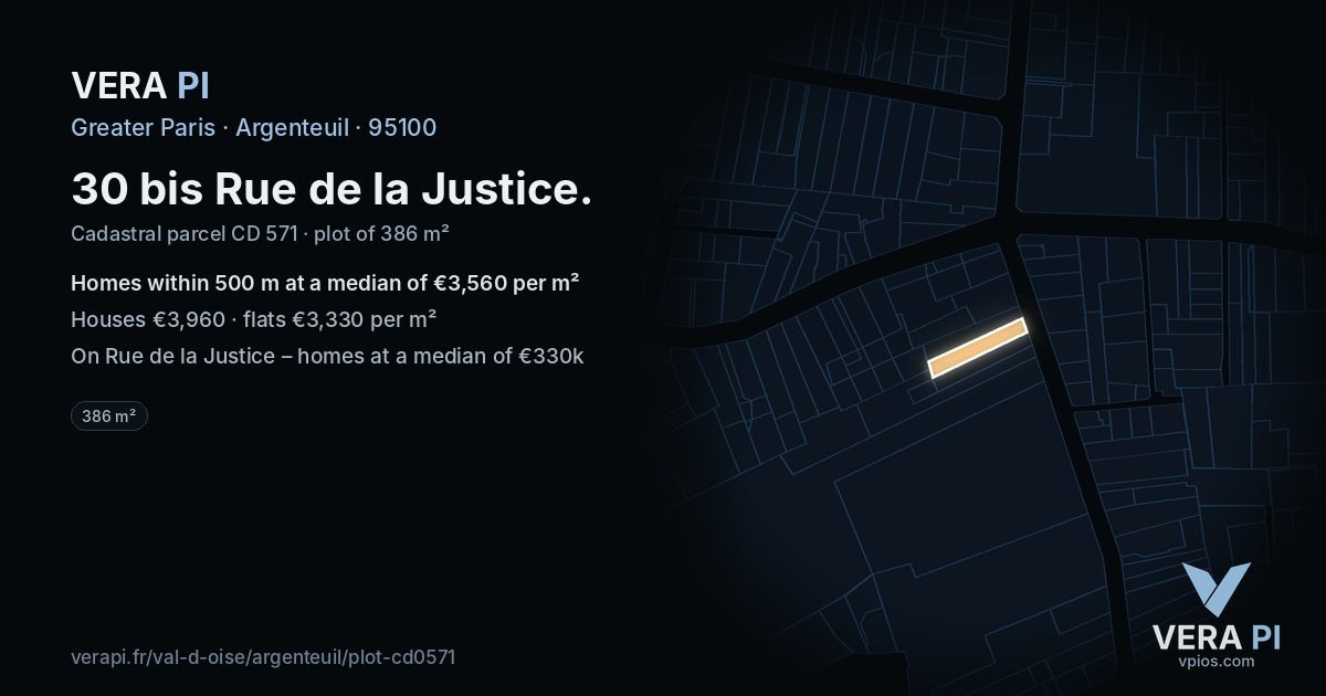 30 bis Rue de la Justice, Argenteuil at night – the plot lit, the parcels around coloured by the prices near them