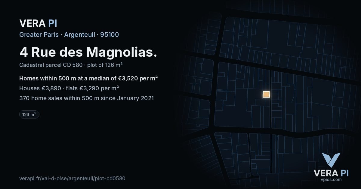 4 Rue des Magnolias, Argenteuil at night – the plot lit, the parcels around coloured by the prices near them