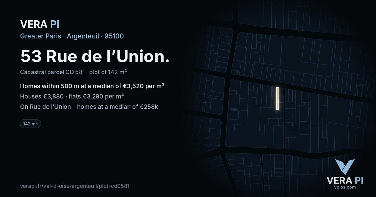 53 Rue de l’Union, Argenteuil at night – the plot lit, the parcels around coloured by the prices near them