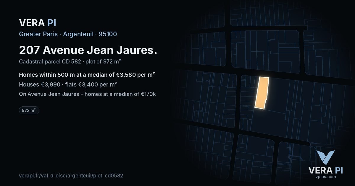 207 Avenue Jean Jaures, Argenteuil at night – the plot lit, the parcels around coloured by the prices near them