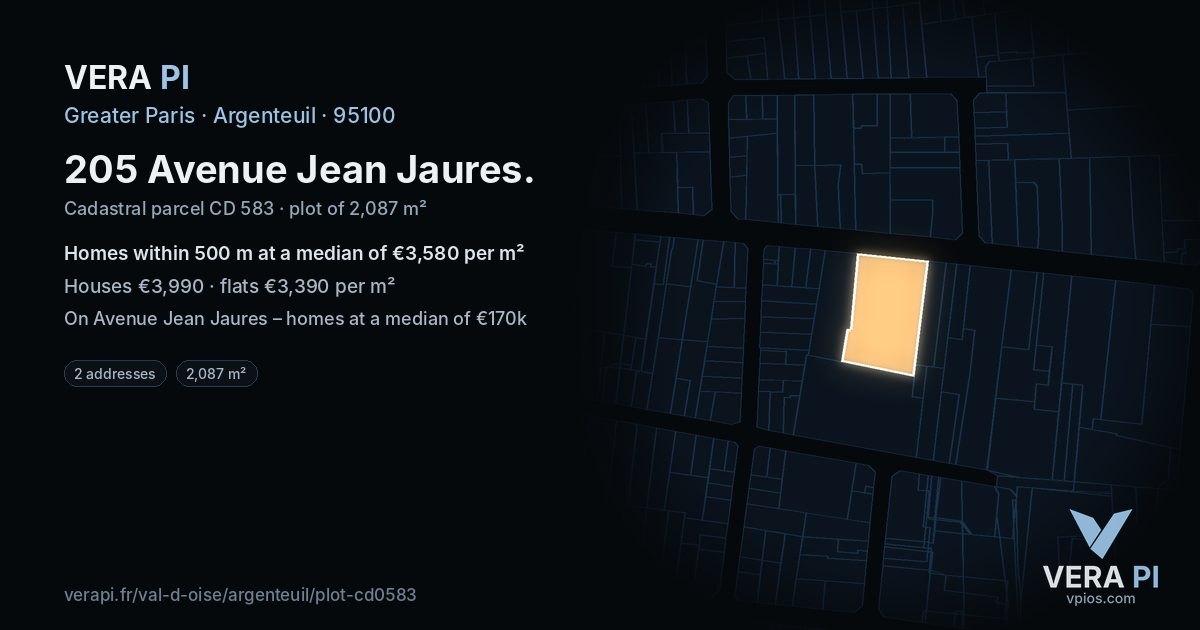 205 Avenue Jean Jaures, Argenteuil at night – the plot lit, the parcels around coloured by the prices near them