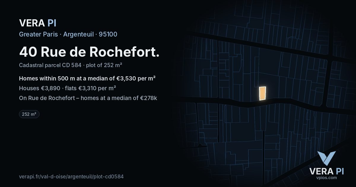 40 Rue de Rochefort, Argenteuil at night – the plot lit, the parcels around coloured by the prices near them