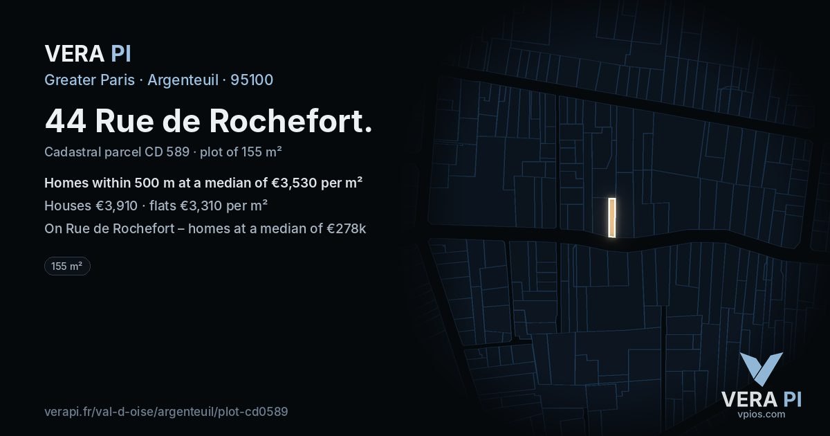 44 Rue de Rochefort, Argenteuil at night – the plot lit, the parcels around coloured by the prices near them