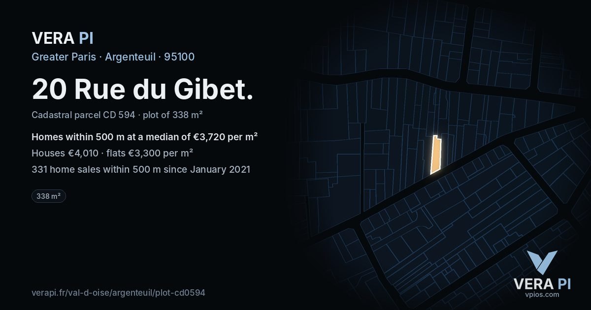 20 Rue du Gibet, Argenteuil at night – the plot lit, the parcels around coloured by the prices near them