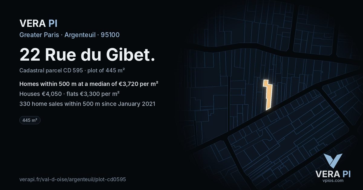 22 Rue du Gibet, Argenteuil at night – the plot lit, the parcels around coloured by the prices near them
