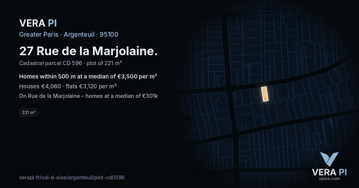 27 Rue de la Marjolaine, Argenteuil at night – the plot lit, the parcels around coloured by the prices near them
