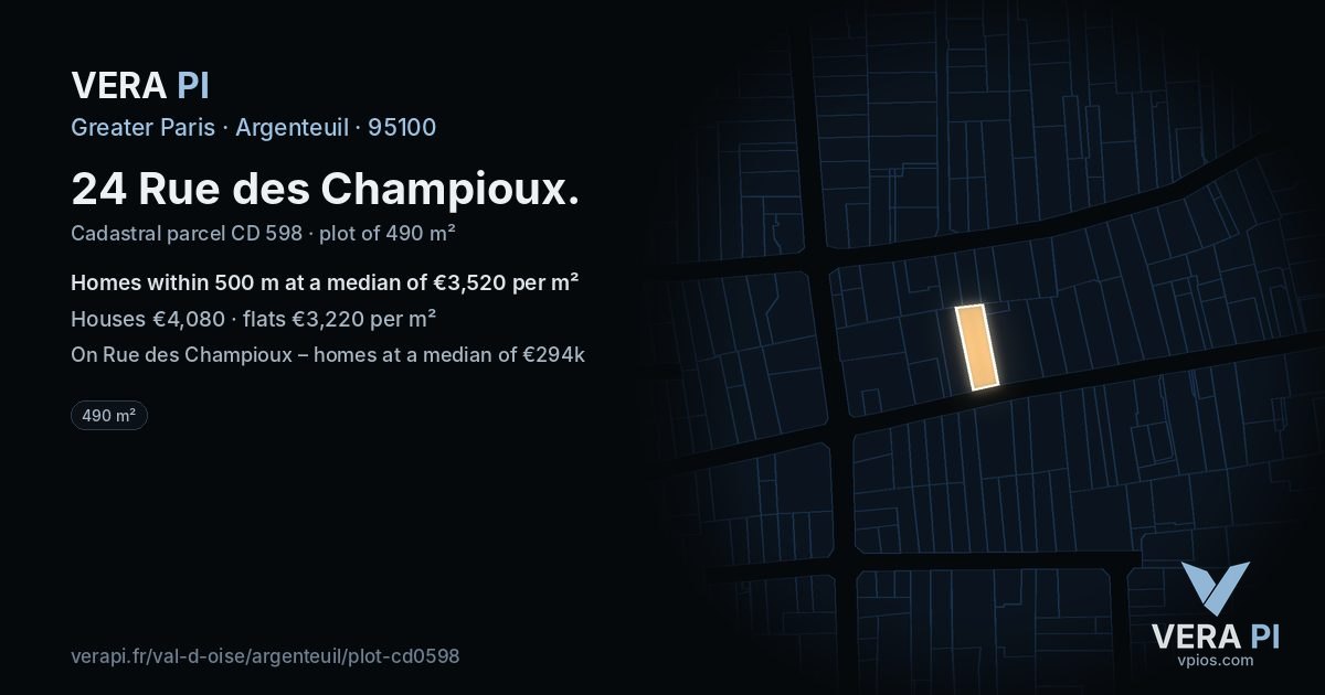 24 Rue des Champioux, Argenteuil at night – the plot lit, the parcels around coloured by the prices near them