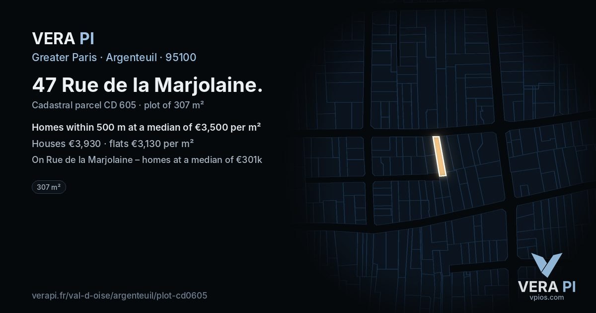 47 Rue de la Marjolaine, Argenteuil at night – the plot lit, the parcels around coloured by the prices near them