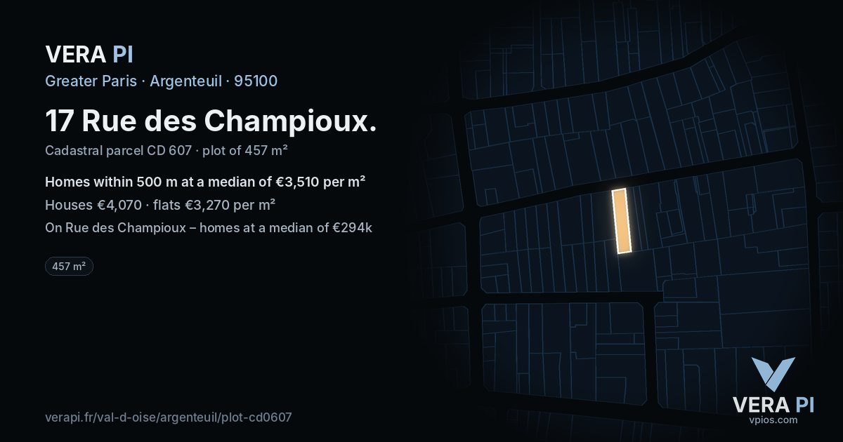 17 Rue des Champioux, Argenteuil at night – the plot lit, the parcels around coloured by the prices near them