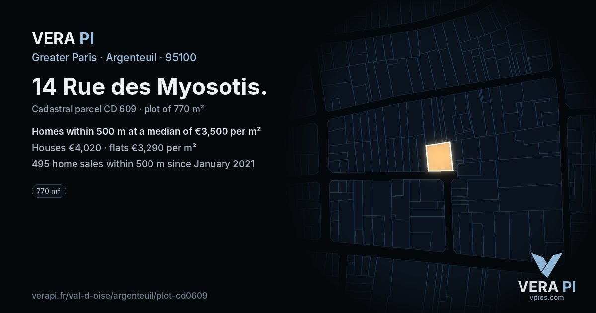 14 Rue des Myosotis, Argenteuil at night – the plot lit, the parcels around coloured by the prices near them