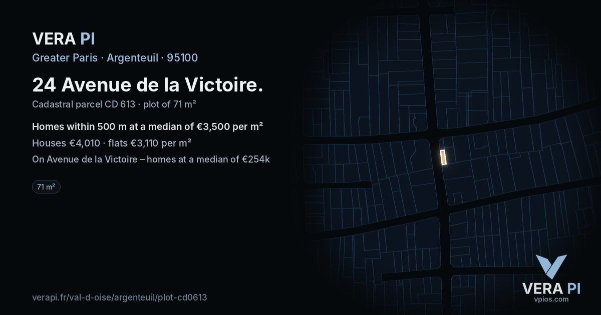 24 Avenue de la Victoire, Argenteuil at night – the plot lit, the parcels around coloured by the prices near them