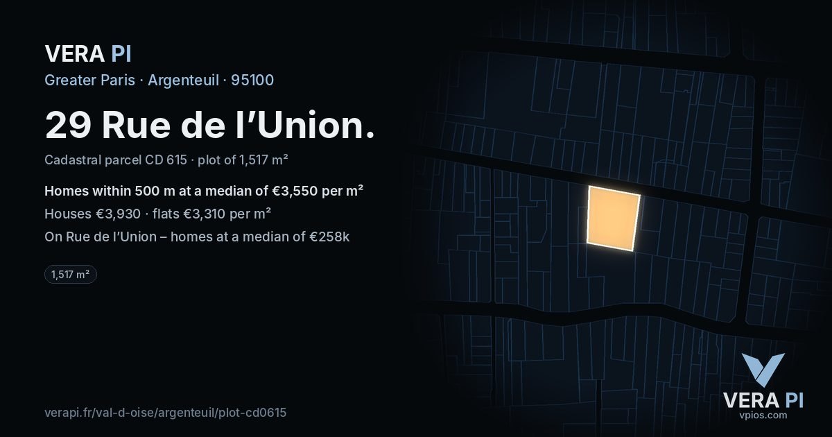 29 Rue de l’Union, Argenteuil at night – the plot lit, the parcels around coloured by the prices near them