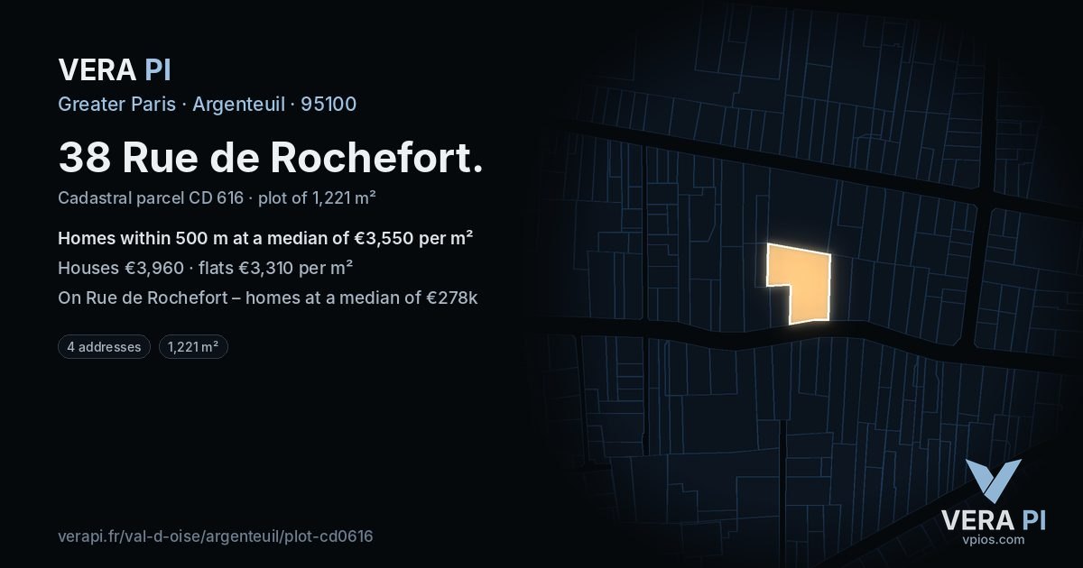 38 Rue de Rochefort, Argenteuil at night – the plot lit, the parcels around coloured by the prices near them