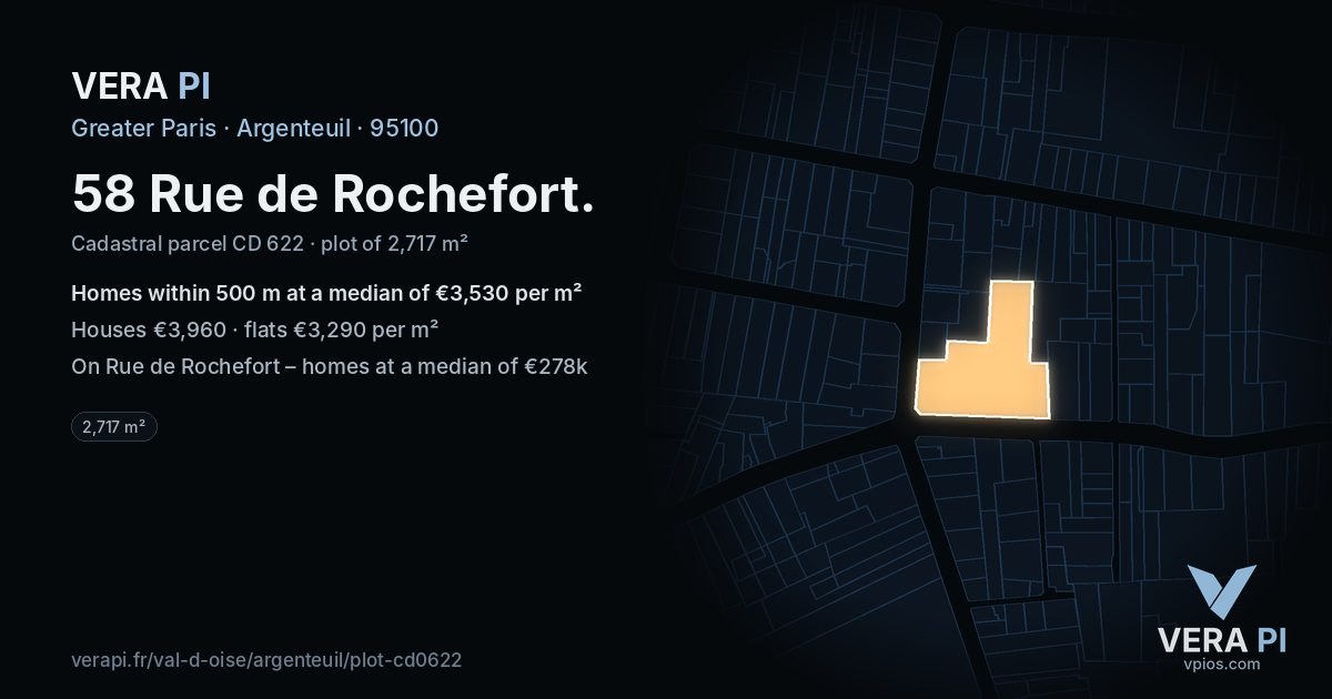 58 Rue de Rochefort, Argenteuil at night – the plot lit, the parcels around coloured by the prices near them