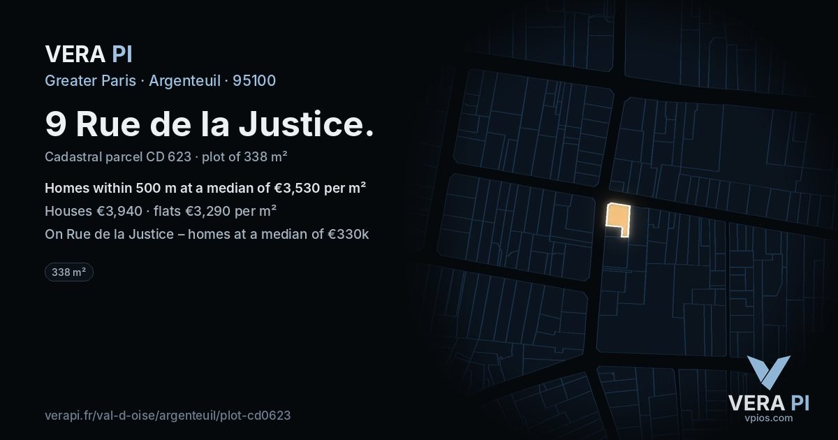 9 Rue de la Justice, Argenteuil at night – the plot lit, the parcels around coloured by the prices near them