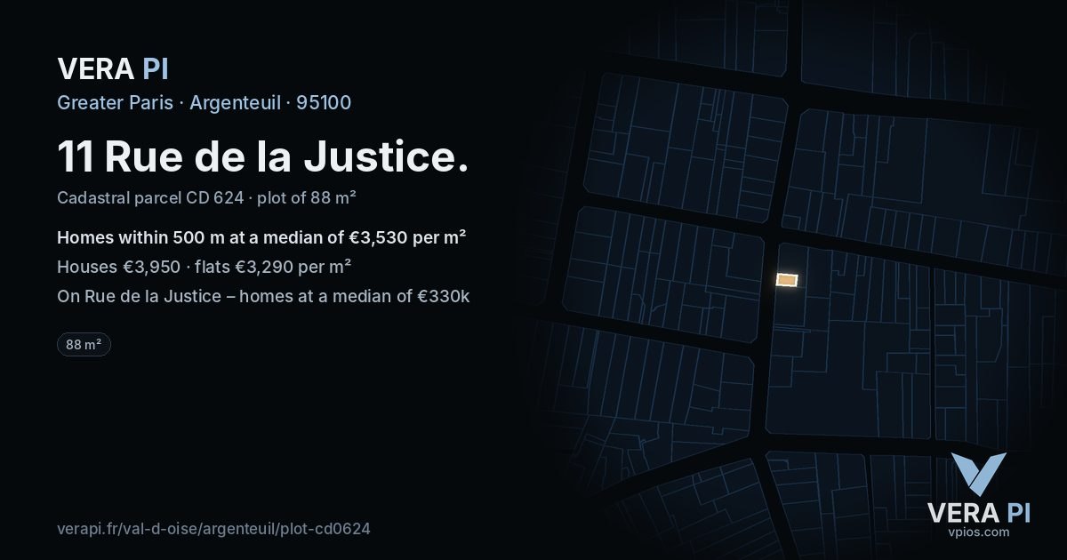11 Rue de la Justice, Argenteuil at night – the plot lit, the parcels around coloured by the prices near them