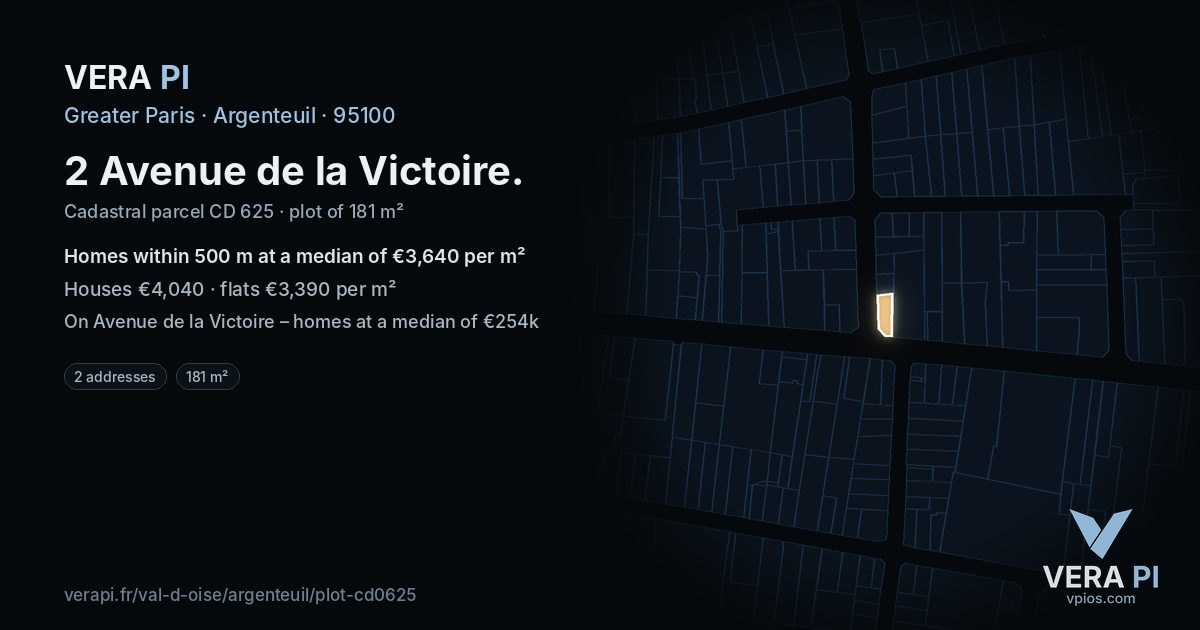 2 Avenue de la Victoire, Argenteuil at night – the plot lit, the parcels around coloured by the prices near them