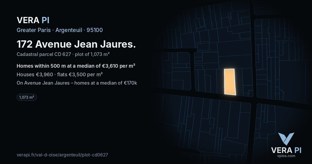 172 Avenue Jean Jaures, Argenteuil at night – the plot lit, the parcels around coloured by the prices near them