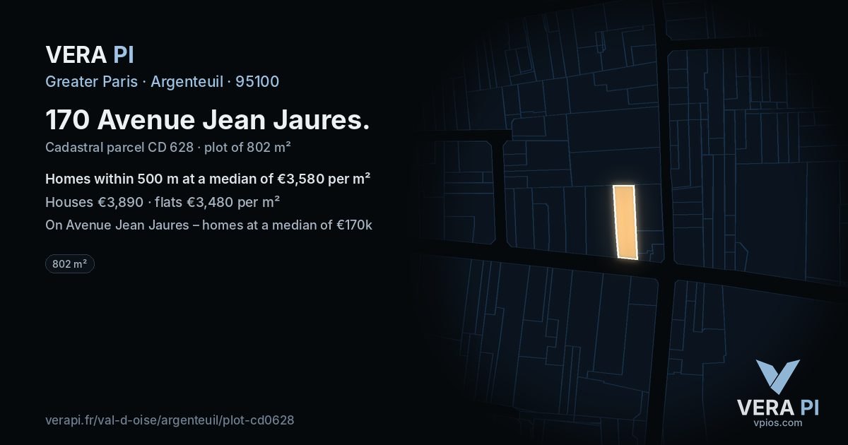 170 Avenue Jean Jaures, Argenteuil at night – the plot lit, the parcels around coloured by the prices near them