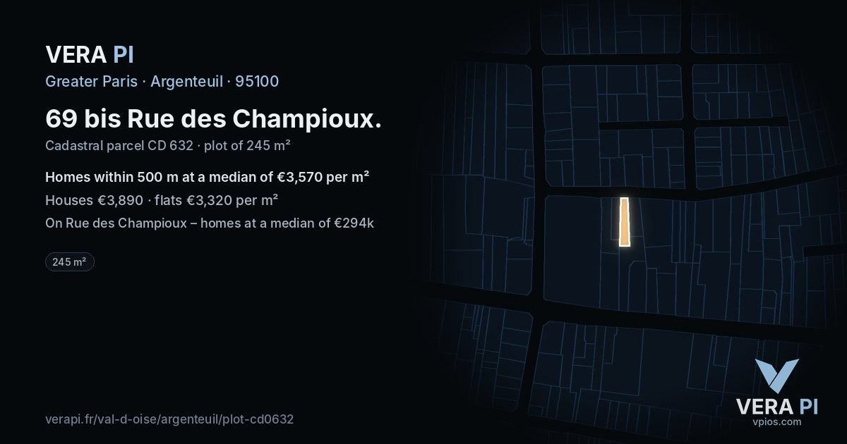 69 bis Rue des Champioux, Argenteuil at night – the plot lit, the parcels around coloured by the prices near them