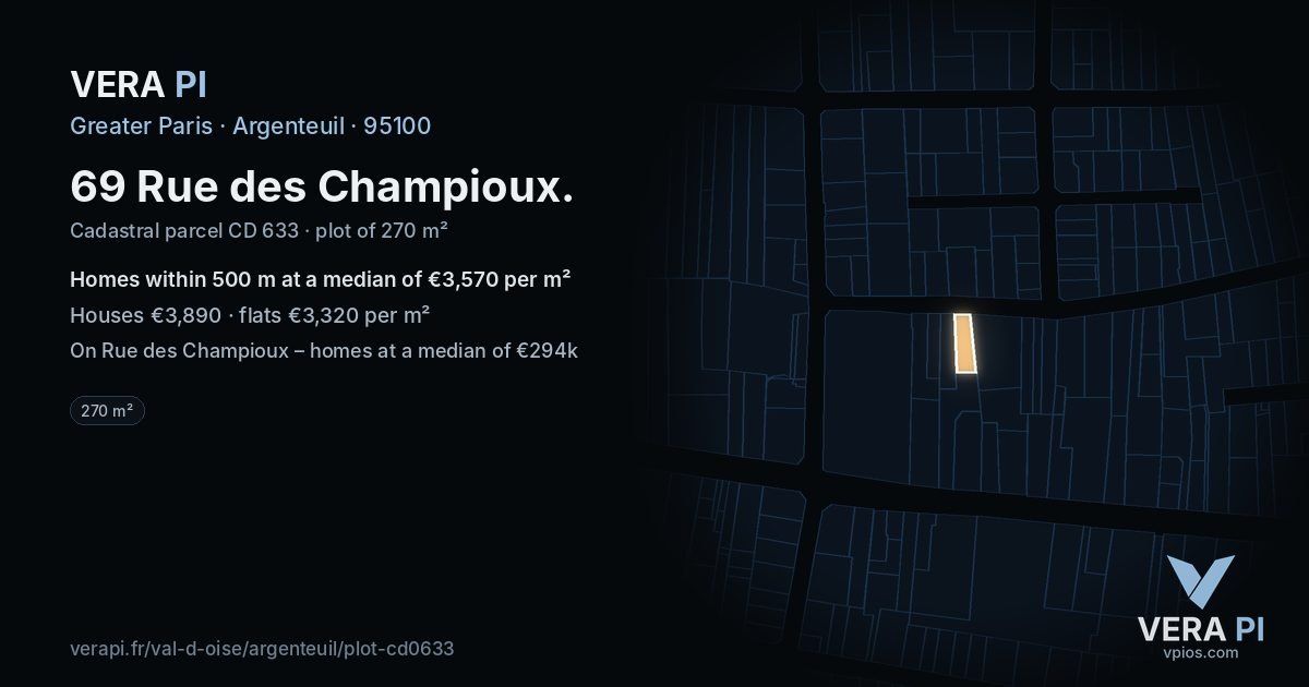 69 Rue des Champioux, Argenteuil at night – the plot lit, the parcels around coloured by the prices near them