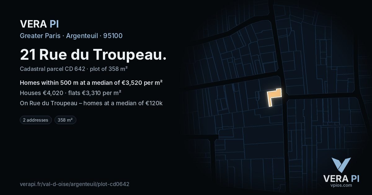 21 Rue du Troupeau, Argenteuil at night – the plot lit, the parcels around coloured by the prices near them