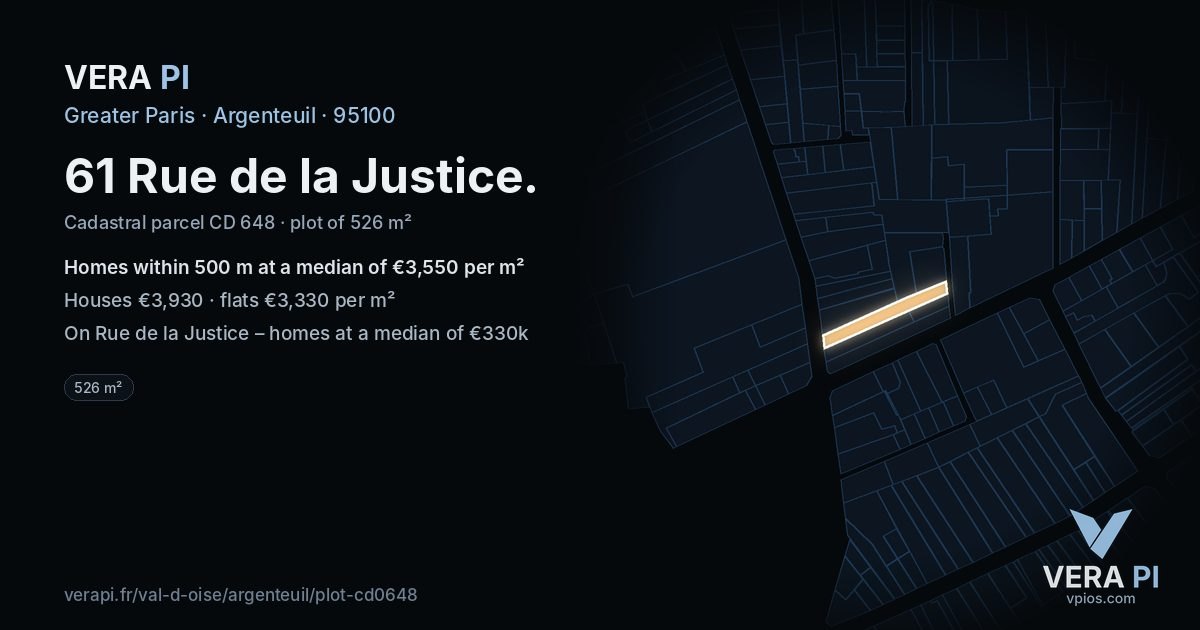 61 Rue de la Justice, Argenteuil at night – the plot lit, the parcels around coloured by the prices near them