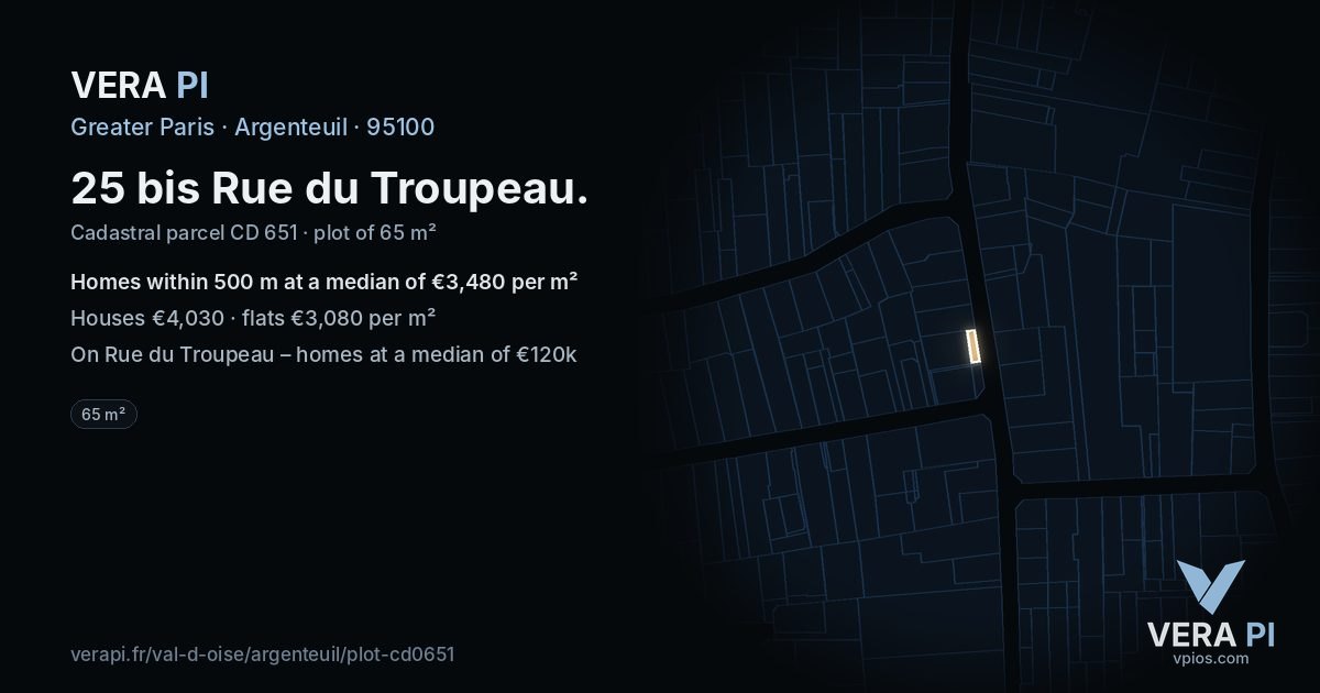 25 bis Rue du Troupeau, Argenteuil at night – the plot lit, the parcels around coloured by the prices near them