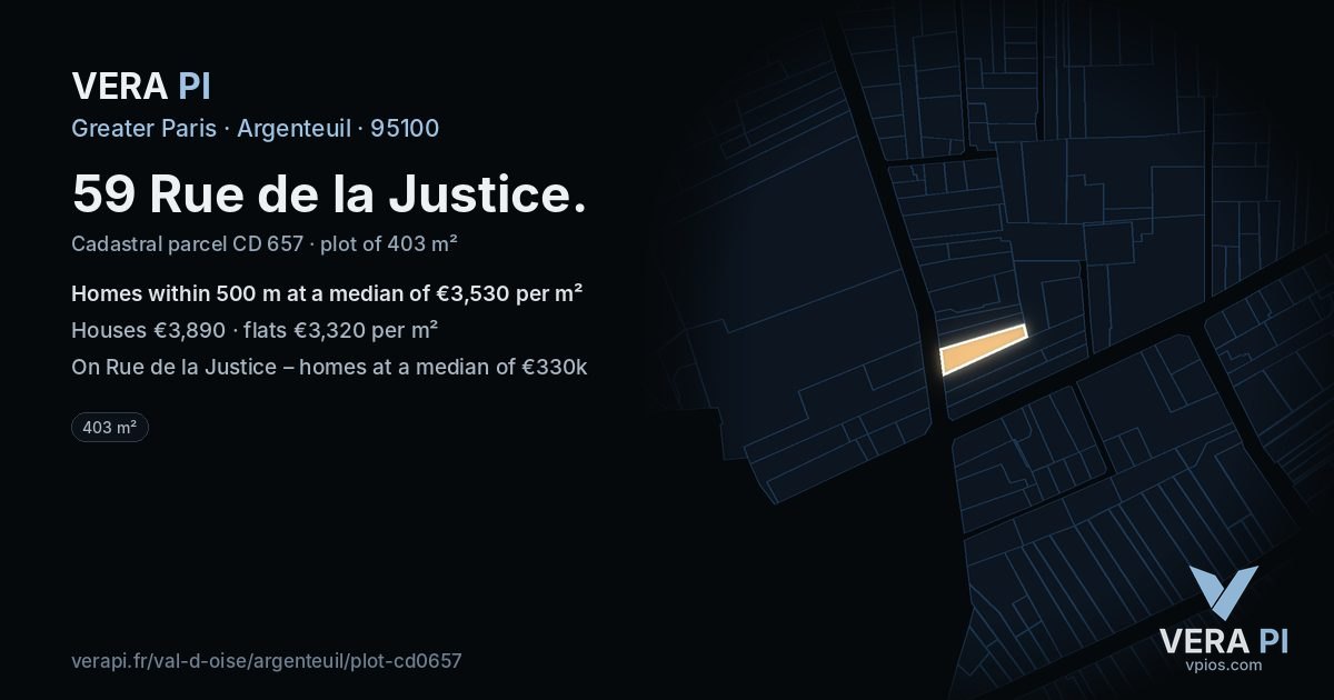 59 Rue de la Justice, Argenteuil at night – the plot lit, the parcels around coloured by the prices near them