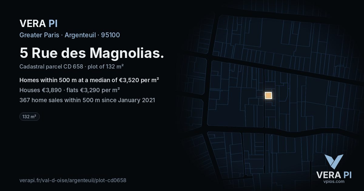 5 Rue des Magnolias, Argenteuil at night – the plot lit, the parcels around coloured by the prices near them