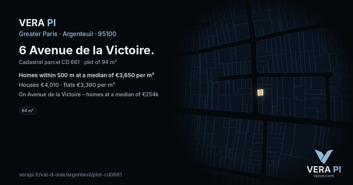 6 Avenue de la Victoire, Argenteuil at night – the plot lit, the parcels around coloured by the prices near them