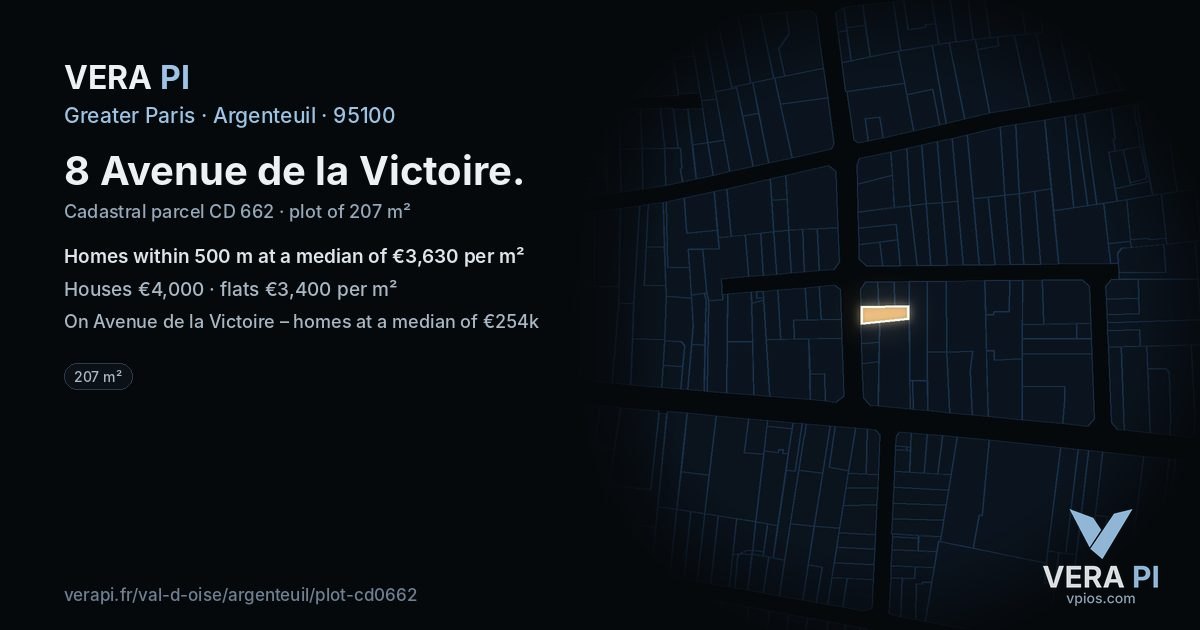 8 Avenue de la Victoire, Argenteuil at night – the plot lit, the parcels around coloured by the prices near them