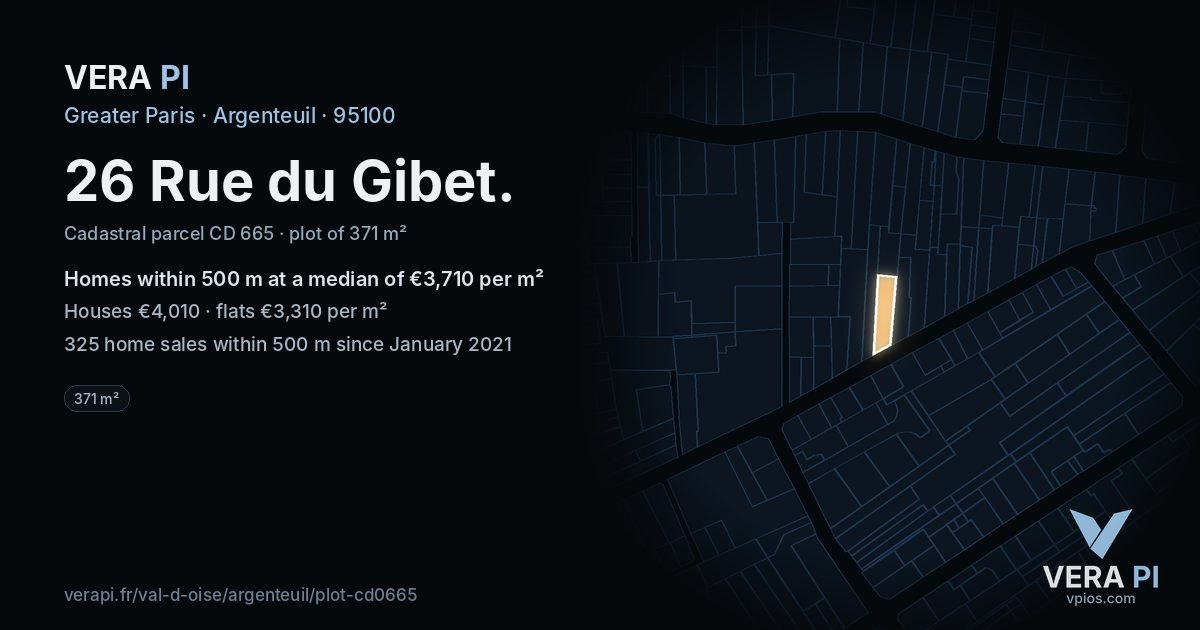 26 Rue du Gibet, Argenteuil at night – the plot lit, the parcels around coloured by the prices near them