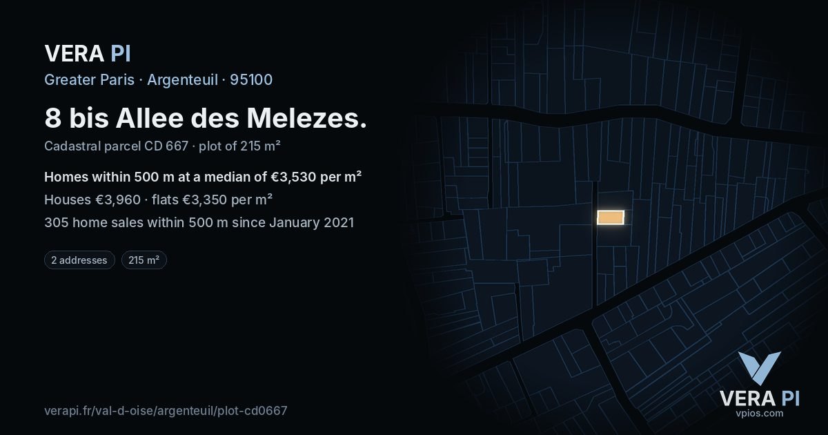 8 bis Allee des Melezes, Argenteuil at night – the plot lit, the parcels around coloured by the prices near them