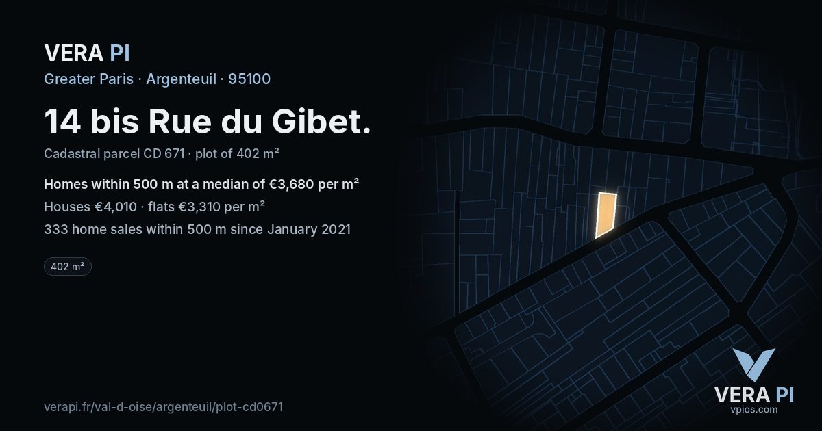 14 bis Rue du Gibet, Argenteuil at night – the plot lit, the parcels around coloured by the prices near them