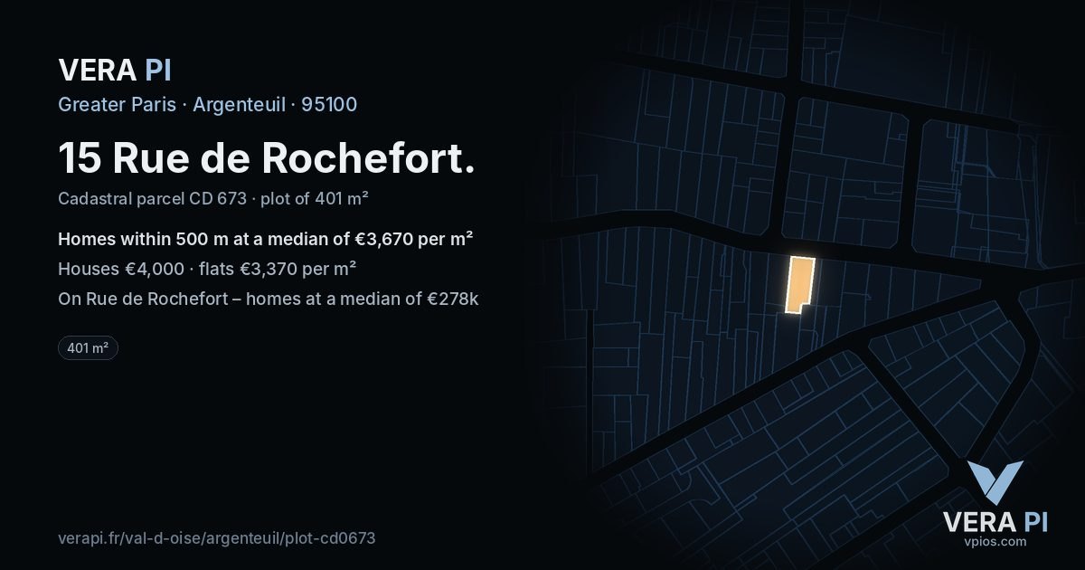 15 Rue de Rochefort, Argenteuil at night – the plot lit, the parcels around coloured by the prices near them