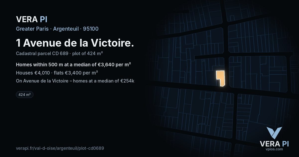 1 Avenue de la Victoire, Argenteuil at night – the plot lit, the parcels around coloured by the prices near them