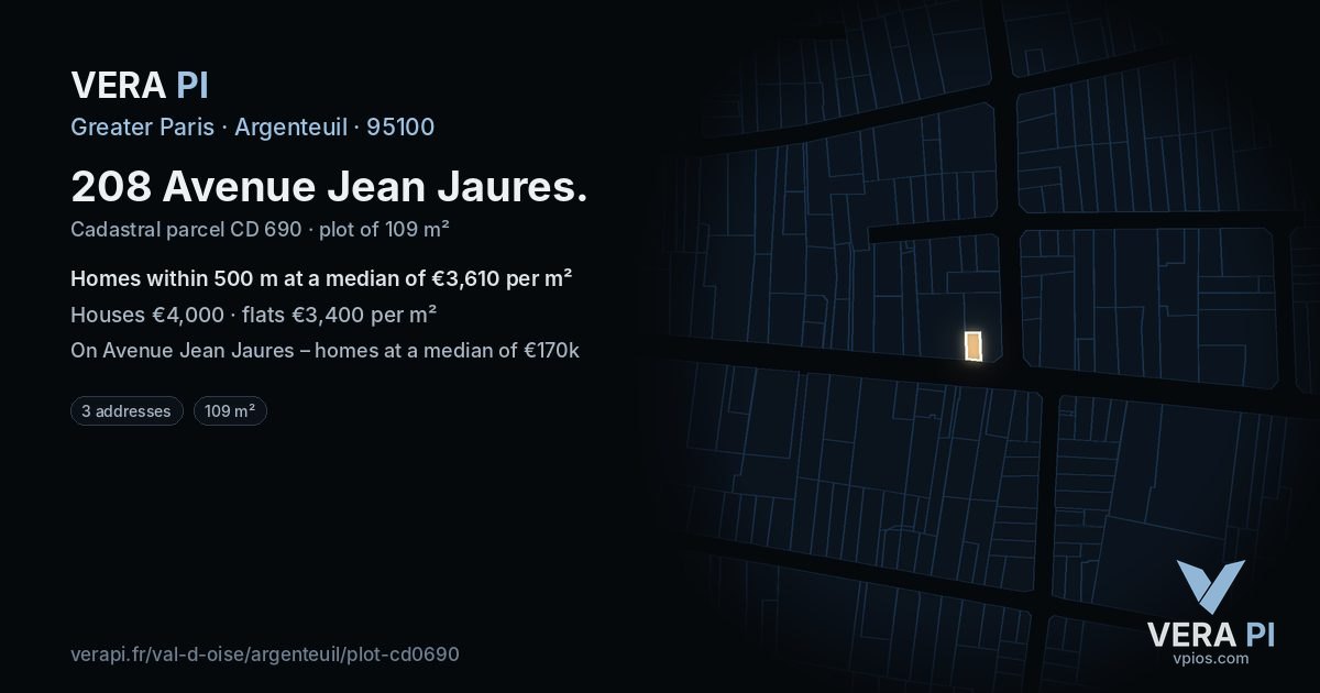 208 Avenue Jean Jaures, Argenteuil at night – the plot lit, the parcels around coloured by the prices near them